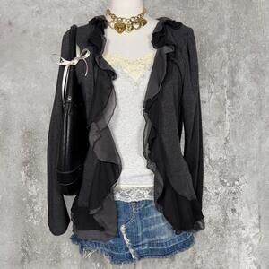 y2k black agenda ruffled cardigan with lace trim